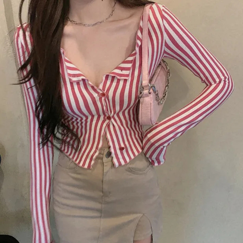Street Fashion In Korea - Mexzt Vintage gestreifte Hemden Frauen y2k