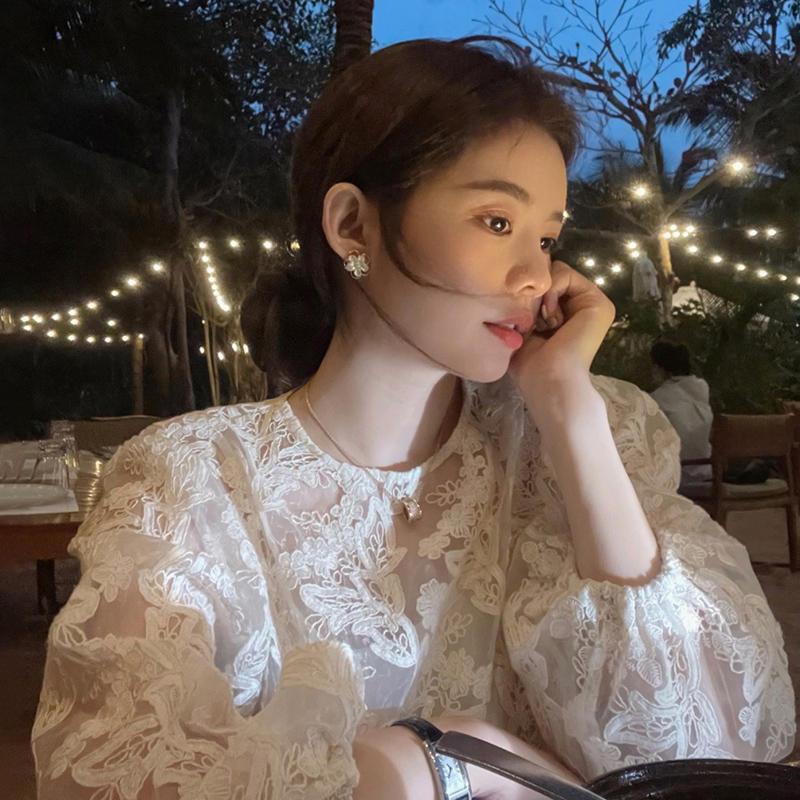 Street Fashion In Korea - MEXZT Elegante Sheer Weiß Shirts Frauen