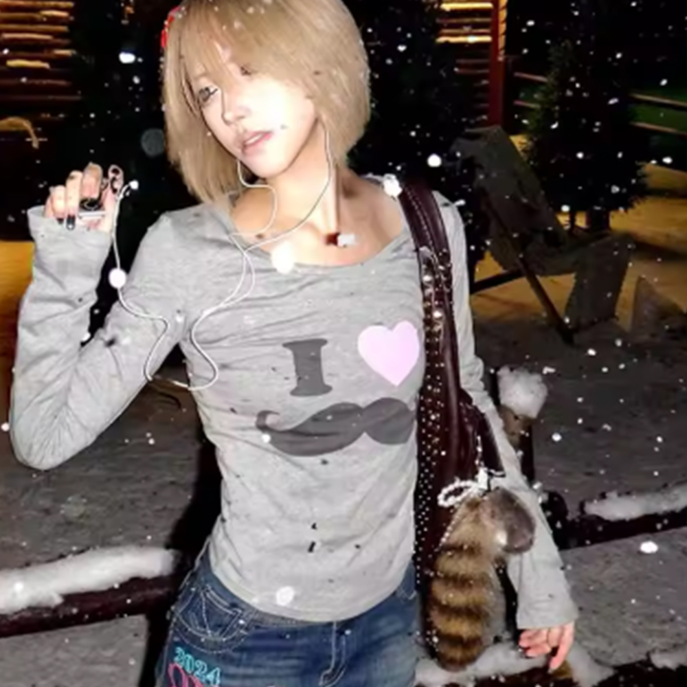 Street Fashion In Korea - Japanisches Y2K-T-Shirt mit Bart-Print, Vintage Harajuku