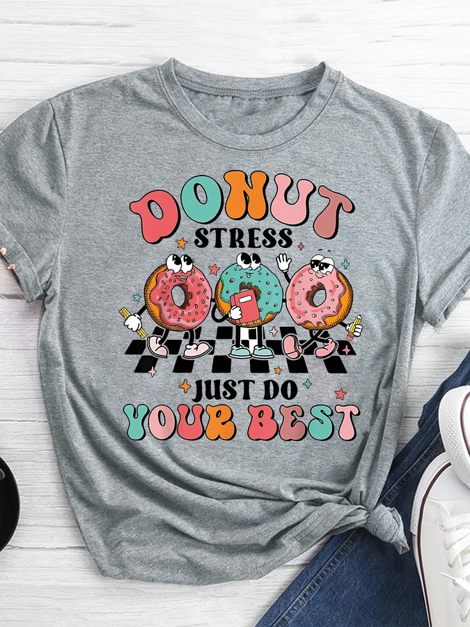 Street Fashion Trends 2026 - T-Shirt mit Cartoon-Donut-Print, kurzärmeliges, lässiges Oberteil