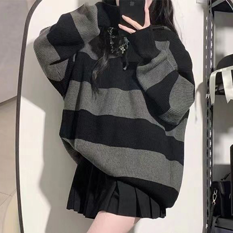 Street Fashion In Korea - Streetwear Gestreiften Pullover Frauen Übergroßen Gestrickte