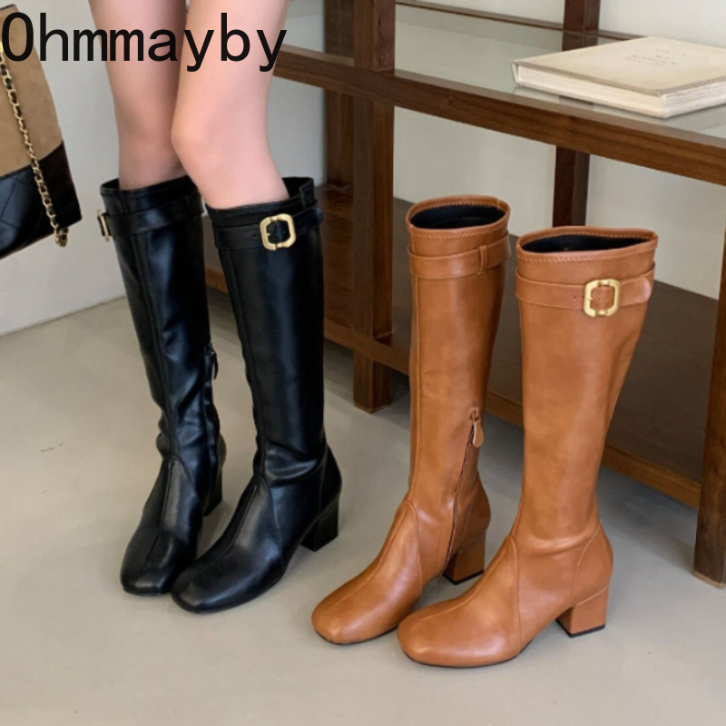 Street Fashion Rome - Damen Retro Quadratische Spitze Kniehohe Stiefel