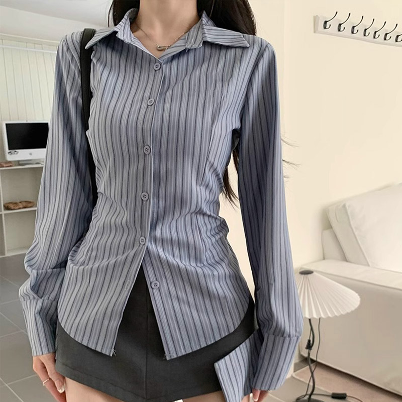 Y2k Gestreiftes Hemd Frauen La – Street Fashion In Korea Bewertung und Preis