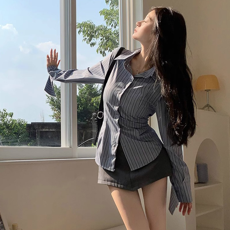 Y2k Gestreiftes Hemd Frauen La – Street Fashion In Korea Bewertung und Preis
