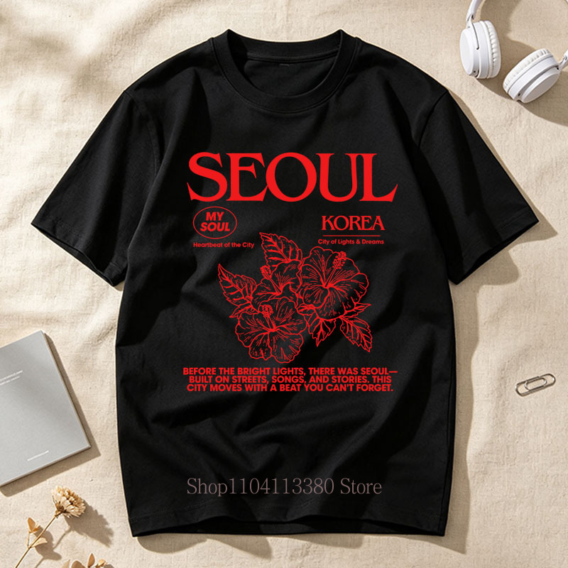 T-Shirts mit Seoul-Hibiskus-Pr – Street Fashion Of Seoul Bewertung und Preis